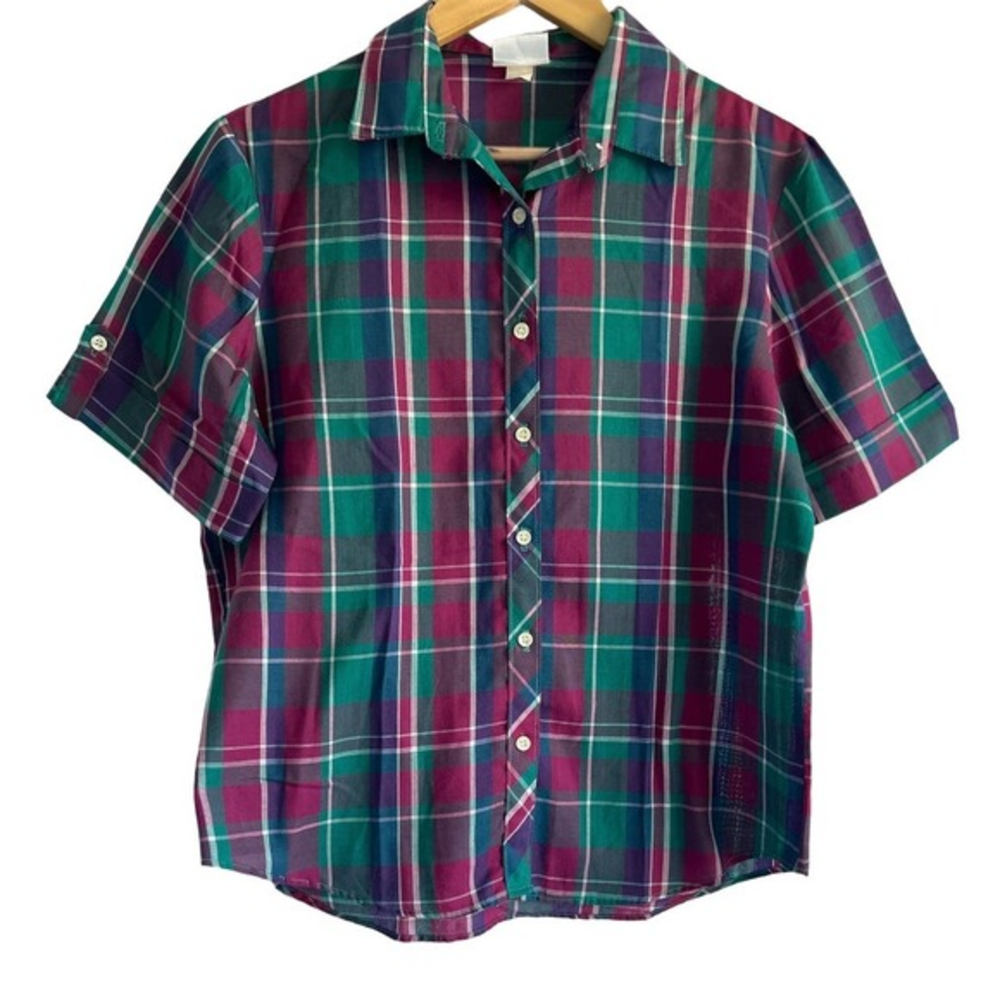 rrrrruss Size Medium Shirt Sleeve Button Up Plaid Shirt‎ Green, Purple, White